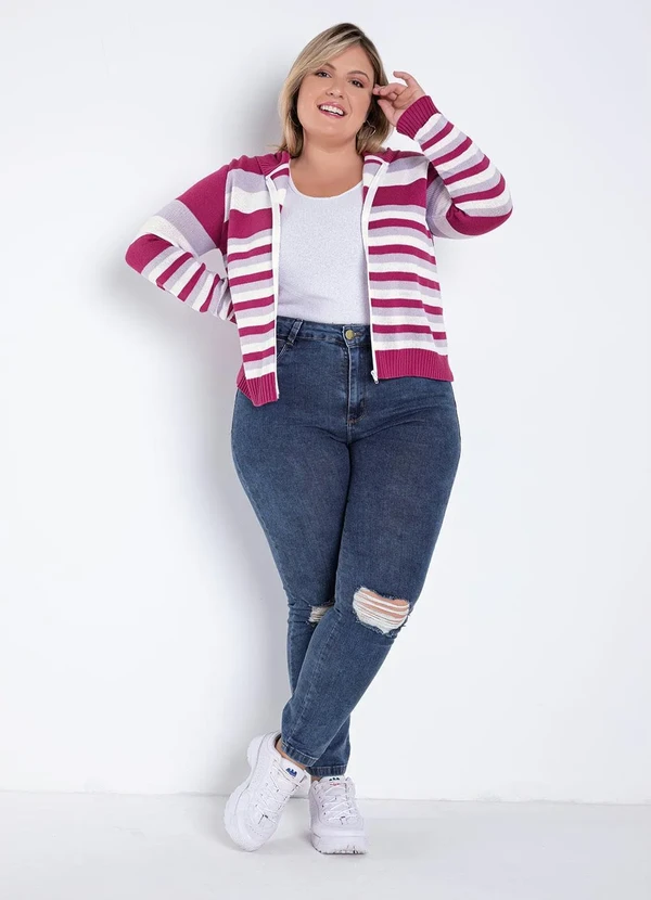 Rosalie - Casaquinho em Tricot com Zíper Listrado Rosa 11