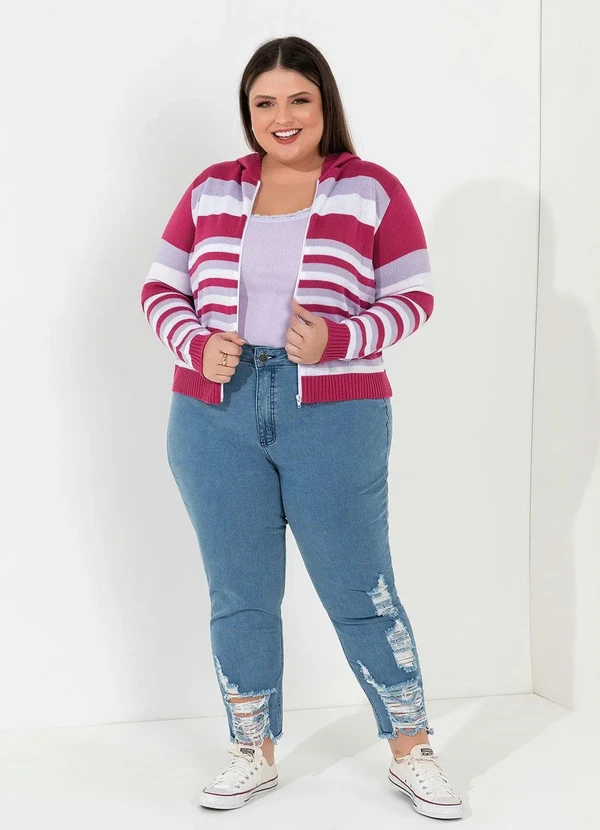 Rosalie - Casaquinho em Tricot com Zíper Listrado Rosa 8