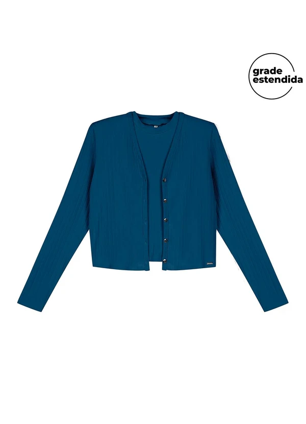 Marialícia - Conjunto Cardigan e Regata Canelado Azul