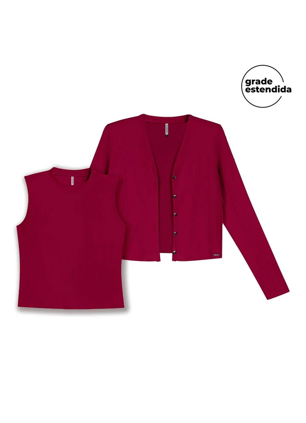 Marialícia - Conjunto Cardigan e Regata Canelado Vermelho