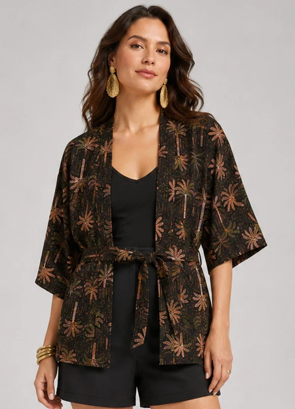 Rovitex - Kimono Feminino Estampado em Viscose Marrom