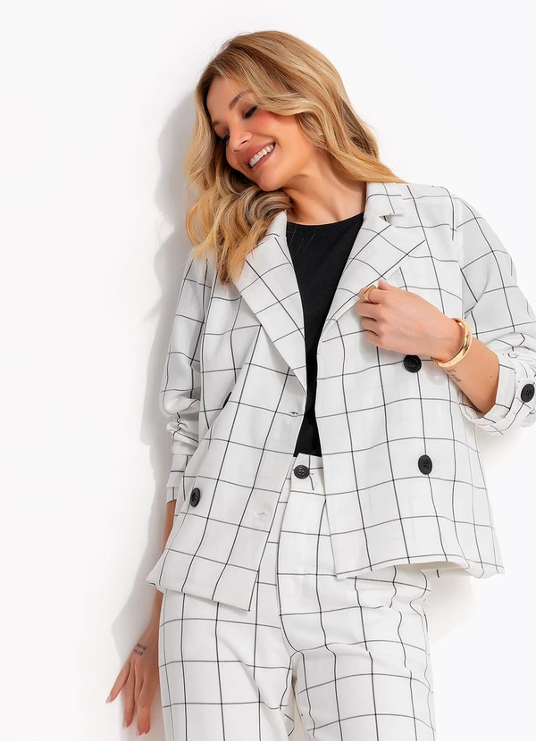 Quintess - Blazer Xadrez Grid Off White em Tecido Alfaiataria 2