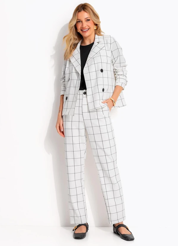 Quintess - Blazer Xadrez Grid Off White em Tecido Alfaiataria 7