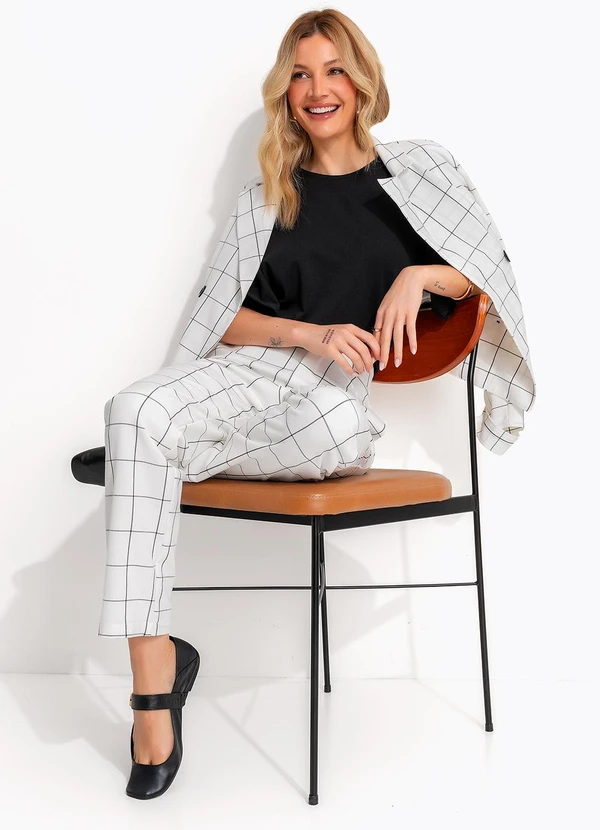 Quintess - Blazer Xadrez Grid Off White em Tecido Alfaiataria 6