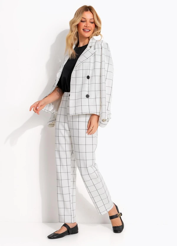 Quintess - Blazer Xadrez Grid Off White em Tecido Alfaiataria 5