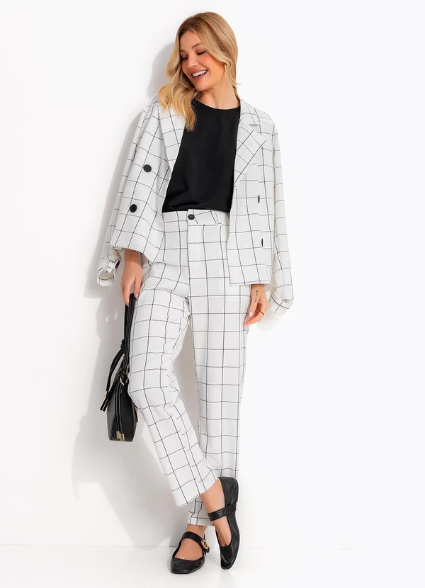 Quintess - Blazer Xadrez Grid Off White em Tecido Alfaiataria 4