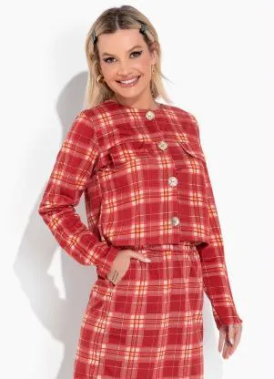 Moda Pop - Blazer Xadrez Vermelho com Botões Funcionais - MODA POP