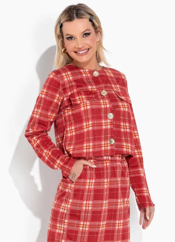 Moda Pop - Blazer Xadrez Vermelho com Botões Funcionais