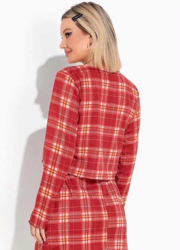 Moda Pop - Blazer Xadrez Vermelho com Botões Funcionais 2