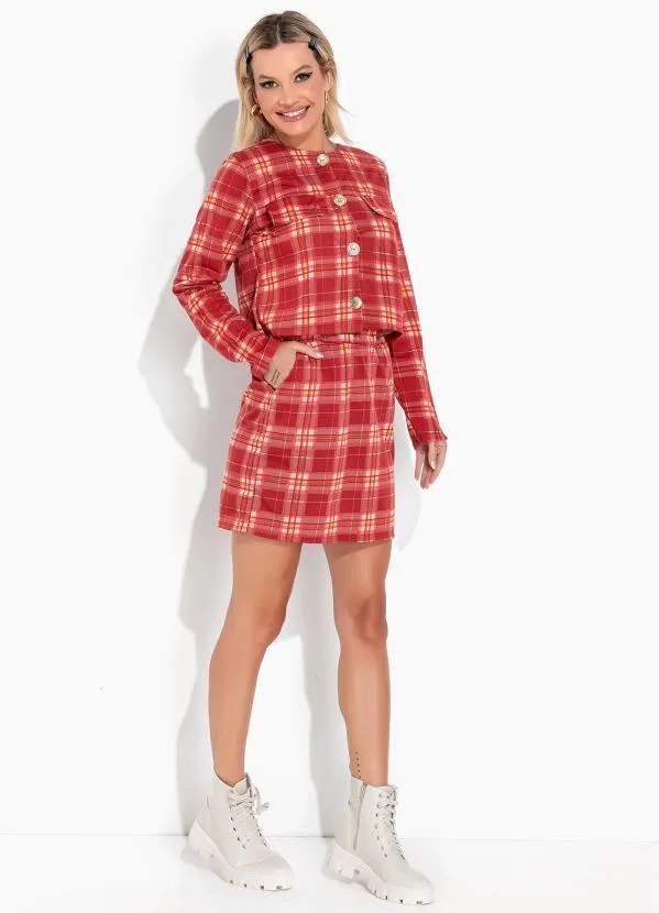 Moda Pop - Blazer Xadrez Vermelho com Botões Funcionais 3