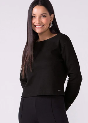 Marialícia - Blusa Feminina Manga Longa Moletom Preto - MARIALÍCIA