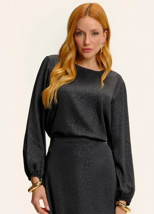 Endless - Blusa Manga Longa Jaquard Acetinado Onças Preto - ENDLESS