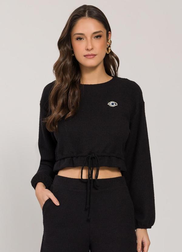 Sofie - Blusão Cropped em Malha Tweed Preto