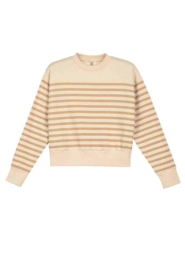 Marialícia - Blusão Feminino Moletom Listrado Bege