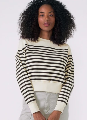 Marialícia - Blusão Feminino Moletom Listrado Branco - MARIALÍCIA