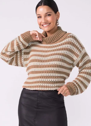 Marialícia - Blusão Tricot Feminino Gola Alta Marrom - MARIALÍCIA