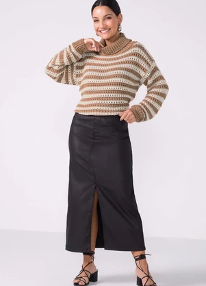 Marialícia - Blusão Tricot Feminino Gola Alta Marrom - MARIALÍCIA