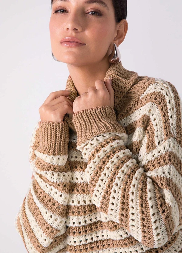 Marialícia - Blusão Tricot Feminino Gola Alta Marrom 3