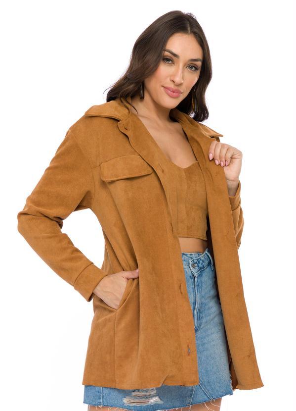 Doce Trama Casaco Alongado em Suede Marrom