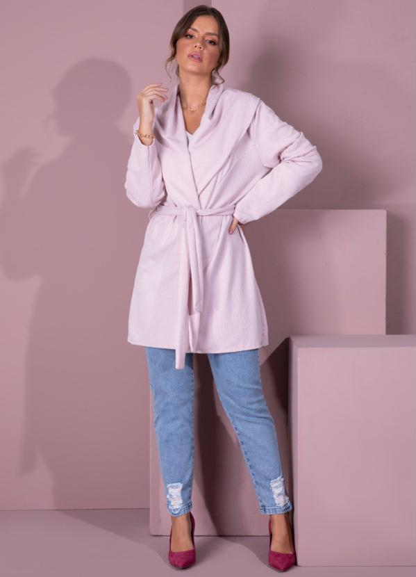 Outlet - Casaco Alongado Rosê com Gola Ampla e Faixa 3