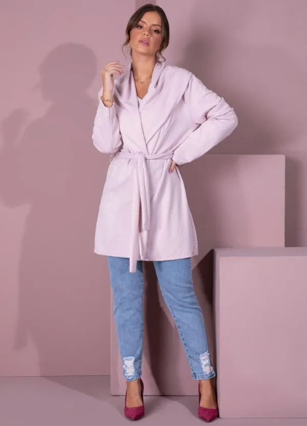 Queima Estoque - Casaco Alongado Rosê com Gola Ampla e Faixa 3