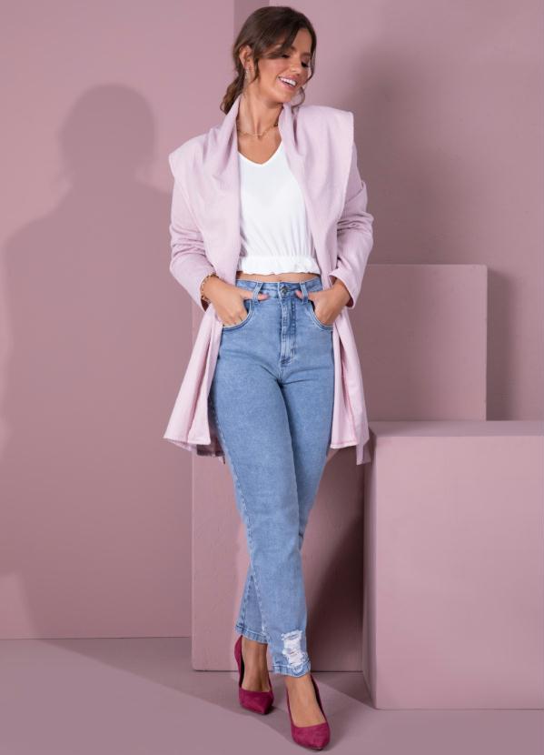 Outlet - Casaco Alongado Rosê com Gola Ampla e Faixa 5