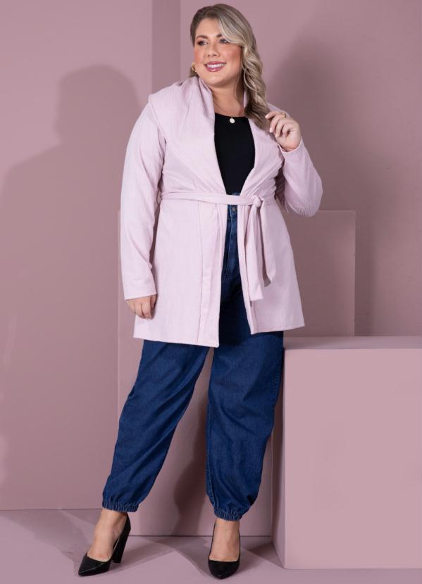 Outlet - Casaco Alongado Rosê com Gola Ampla e Faixa 9