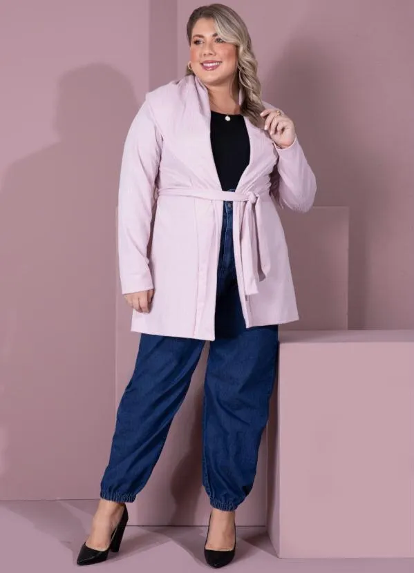 Queima Estoque - Casaco Alongado Rosê com Gola Ampla e Faixa 9