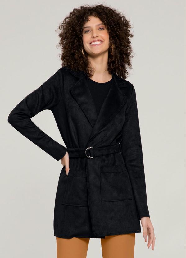 Lunender - Casaco Alongado Suede com Cinto Preto