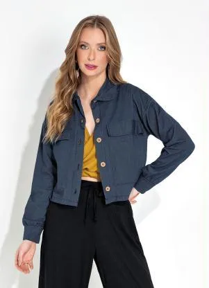 Moda Pop - Casaco Azul com Bolsos e Botões Funcionias - MODA POP