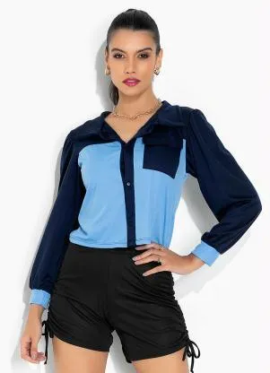 Moda Pop - Casaco Bicolor Azul com Mangas Bufantes - MODA POP