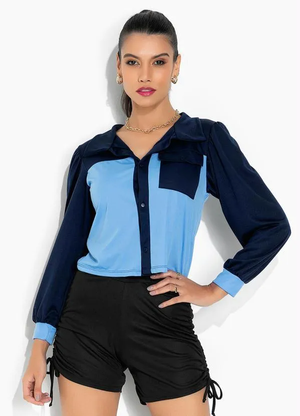 Moda Pop - Casaco Bicolor Azul com Mangas Bufantes