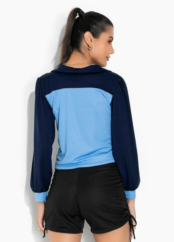 Moda Pop - Casaco Bicolor Azul com Mangas Bufantes 2