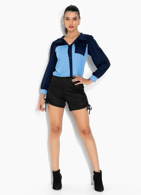 Moda Pop - Casaco Bicolor Azul com Mangas Bufantes 4