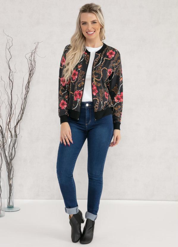 Moda Pop - Casaco Bomber Preta com Estampa de Correntes 3