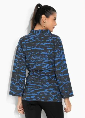 Moda Pop - Casaco Camuflada Azul com Amarração e Transpasse - MODA POP