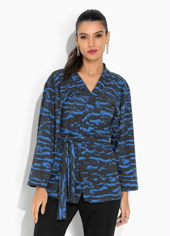 Moda Pop - Casaco Camuflada Azul com Amarração e Transpasse