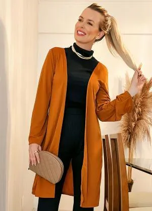 Moda Pop - Casaco Caramelo Alongado e Mangas Longas - MODA POP