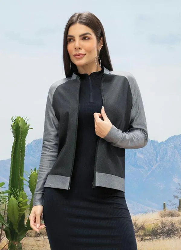 Moda Pop - Casaco Cinza e Preto com Abertura em Zíper