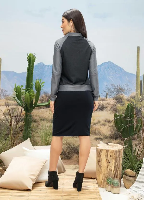 Moda Pop - Casaco Cinza e Preto com Abertura em Zíper 4