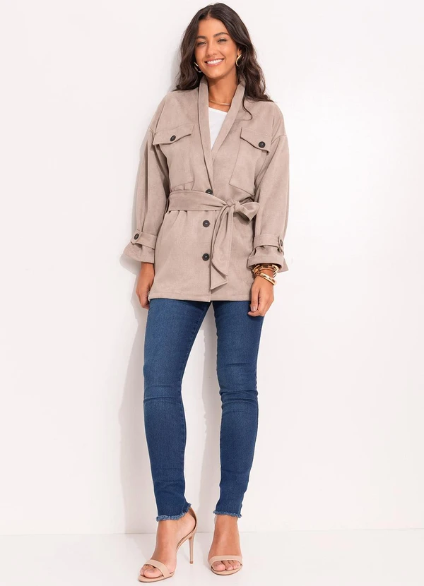 Quintess - Parka Alongada em Malha Suede com Bolsos Cargo e Faixa 3