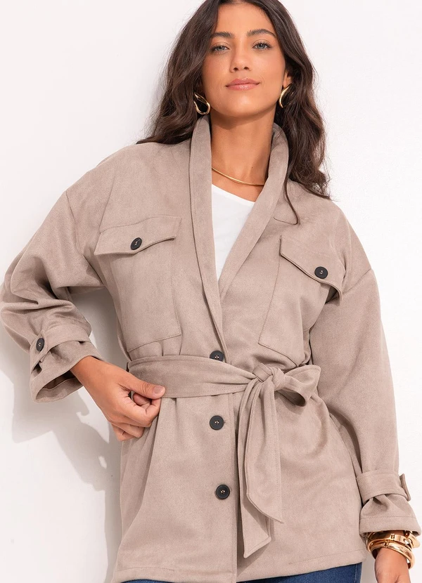 Quintess - Parka Alongada em Malha Suede com Bolsos Cargo e Faixa 5