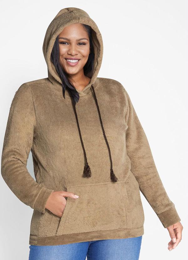 Queima Estoque - Casaco de Pelo com Bolso Canguru Marrom Claro 5