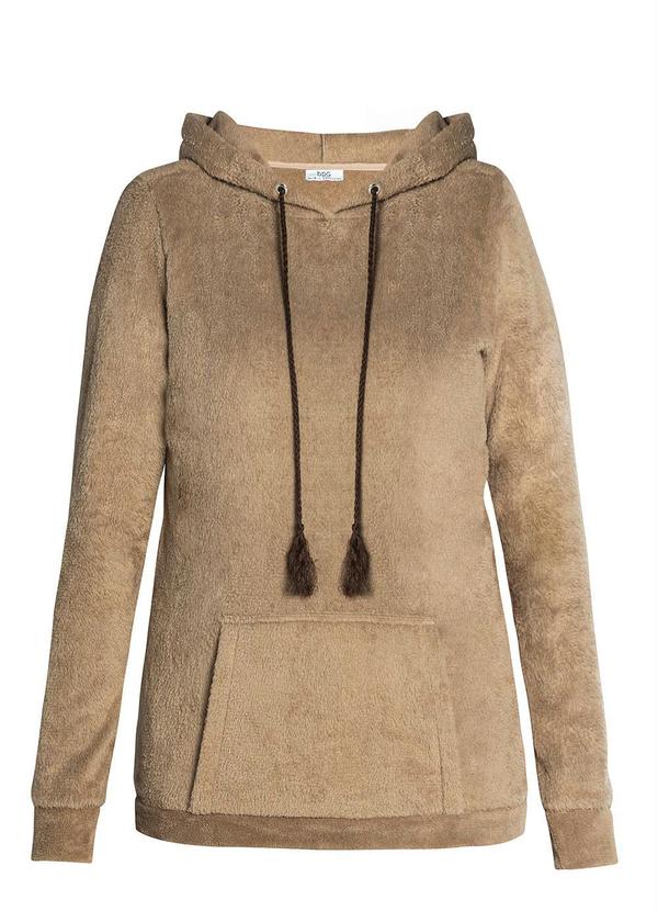 Queima Estoque - Casaco de Pelo com Bolso Canguru Marrom Claro 7