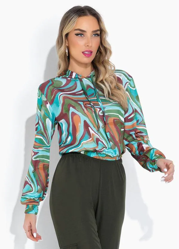 Moda Pop - Casaco Efeito Líquido Turquesa com Capuz