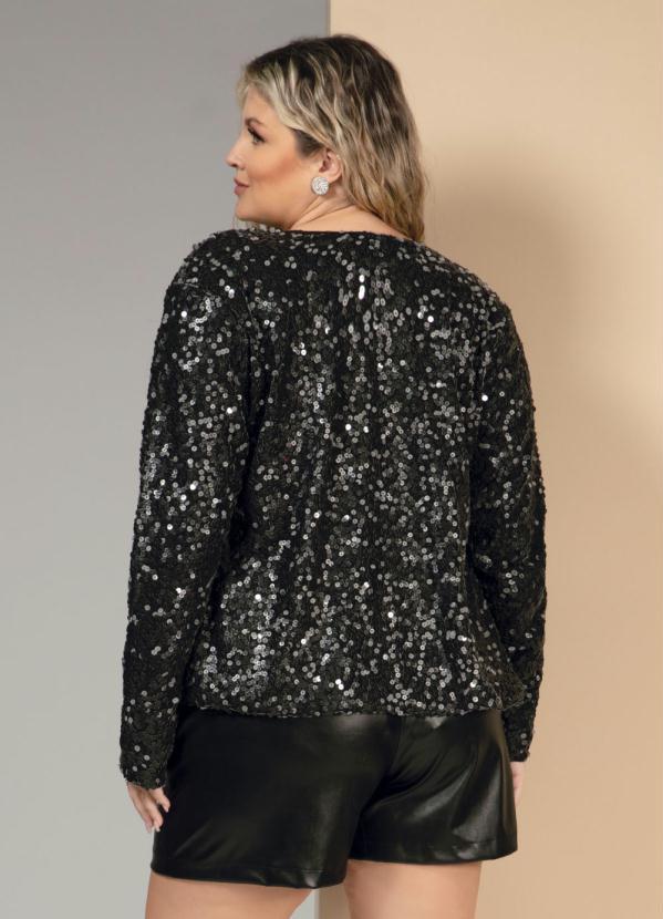 Quintess - Casaco em Paetê Preto com Mangas Longas 7