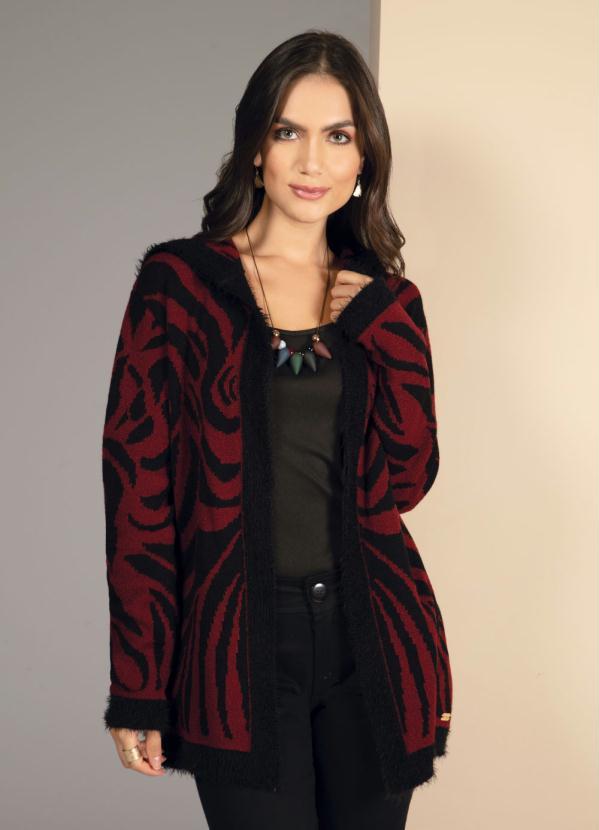 Quintess - Casaco em Tricô Listrado Preto e Bordô com Toca 1