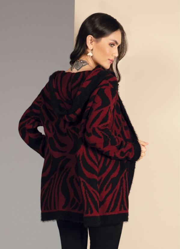 Quintess - Casaco em Tricô Listrado Preto e Bordô com Toca 2