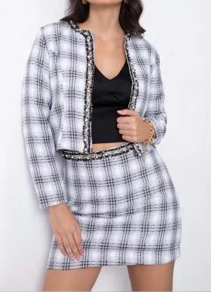 Quintess - Casaco em Tweed Xadrez Cinza com Pérolas - QUINTESS