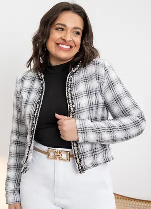 Quintess - Casaco em Tweed Xadrez Cinza com Pérolas - QUINTESS